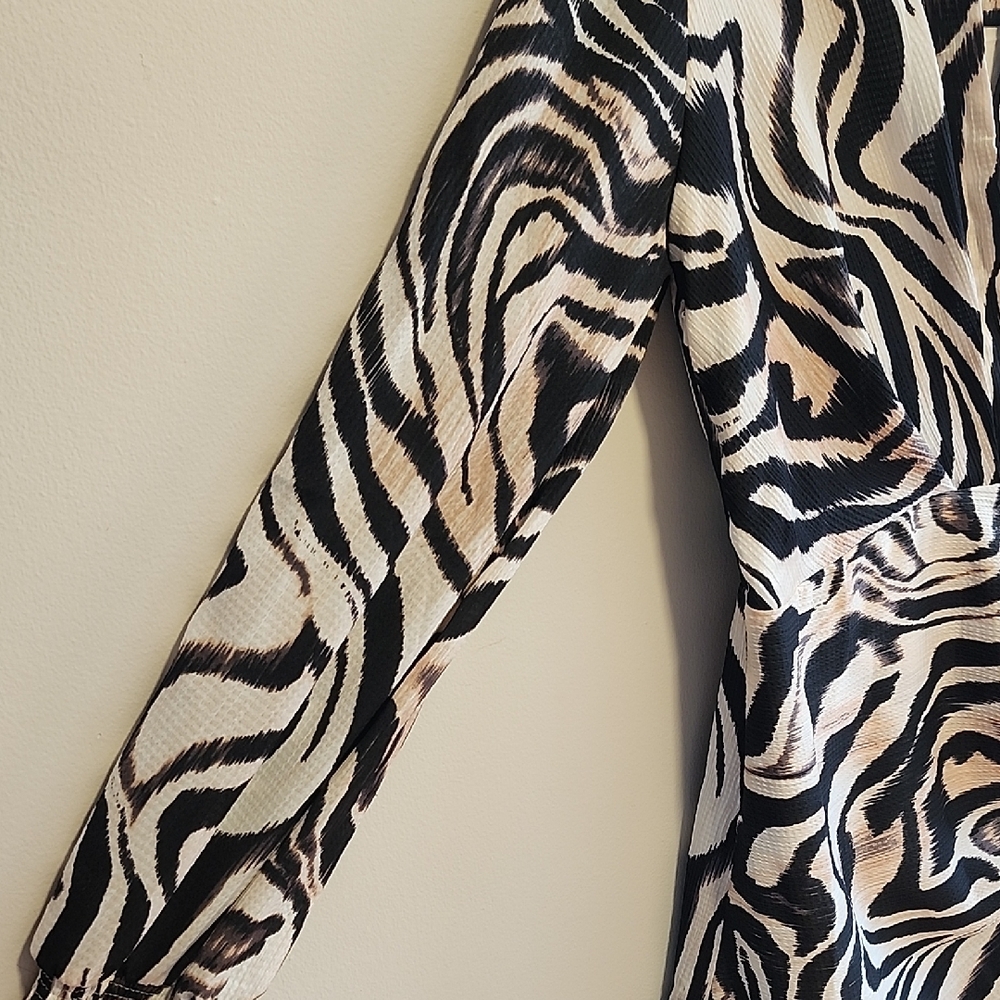 Anthropologie VNeck Neutral Zebra Print Faux Wrap Dress Smocked Cuffs Size 6 - Picture 5 of 10